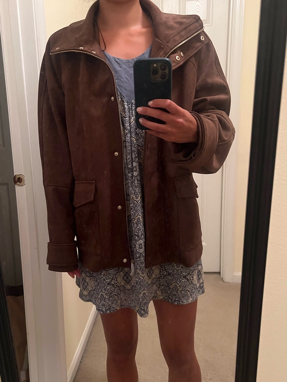 Zara Dark Chocolate Brown Faux Suede Pocket Jacket Relaxed Jacket size Large NWT - Picture 8 of 8